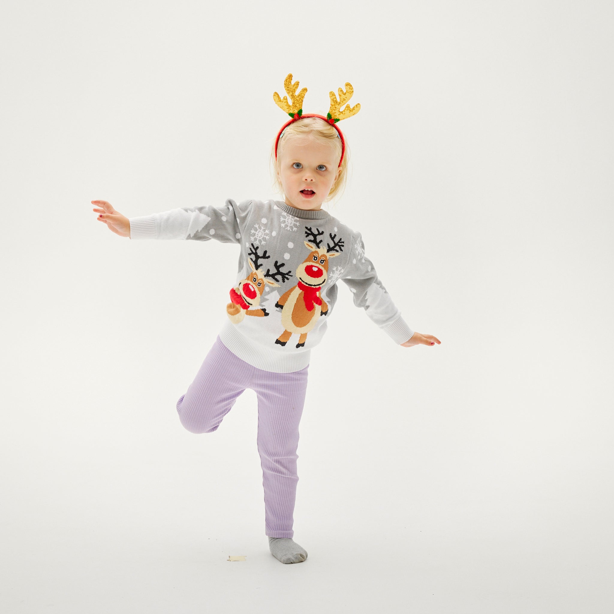 Kinder Weihnachtspullover mit Rentiermotiv und Rentiergeweih-Stirnband, weihnachtspyjama bequem und festlich.